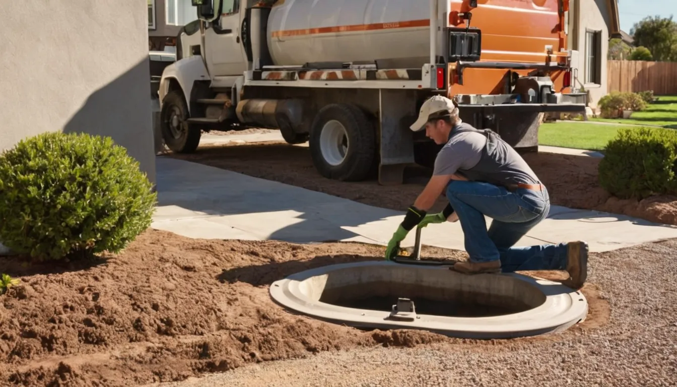 A friendly septic provider checking a tank lid beside a stucco ranch home in Vallejo